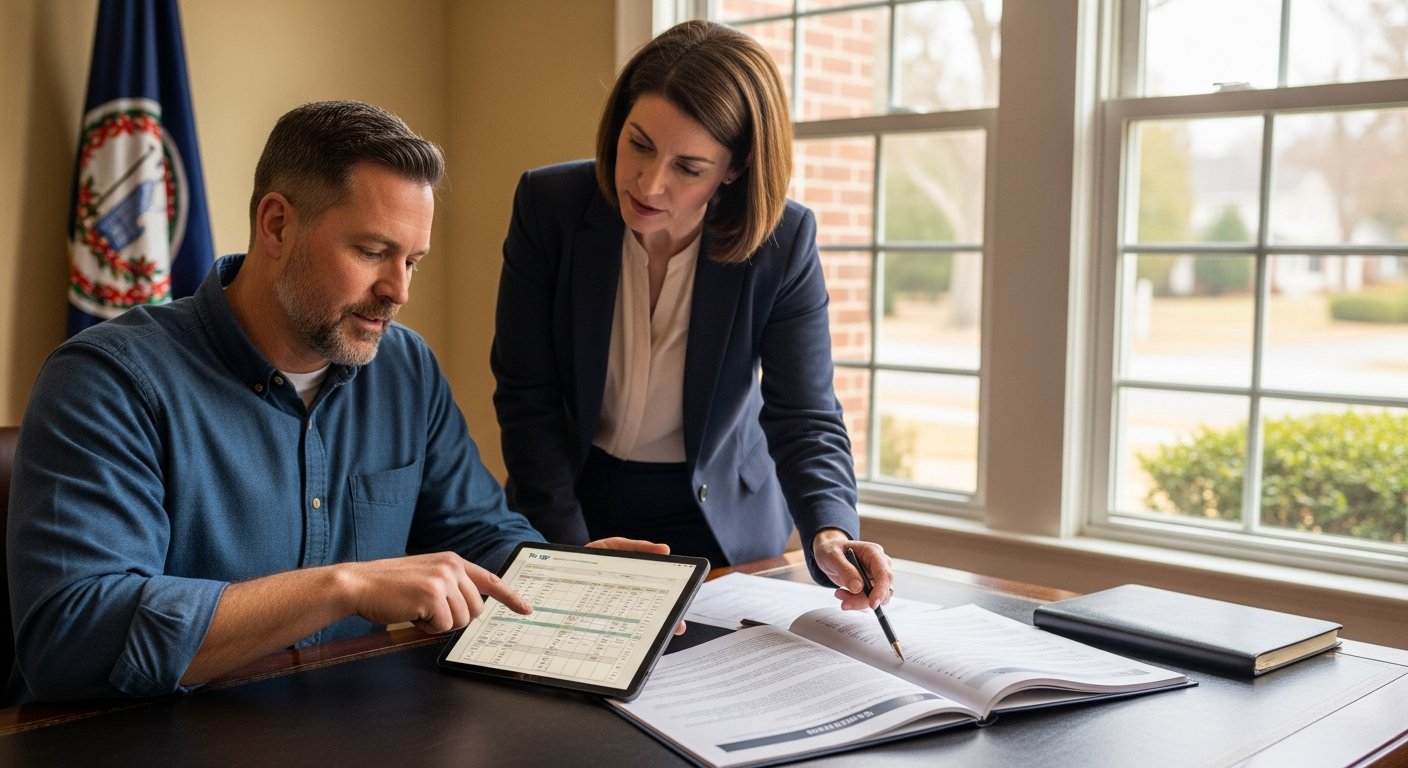 Middle-aged man in button-down shirt sitting at wooden desk looking at tablet with health insurance chart, woman in…