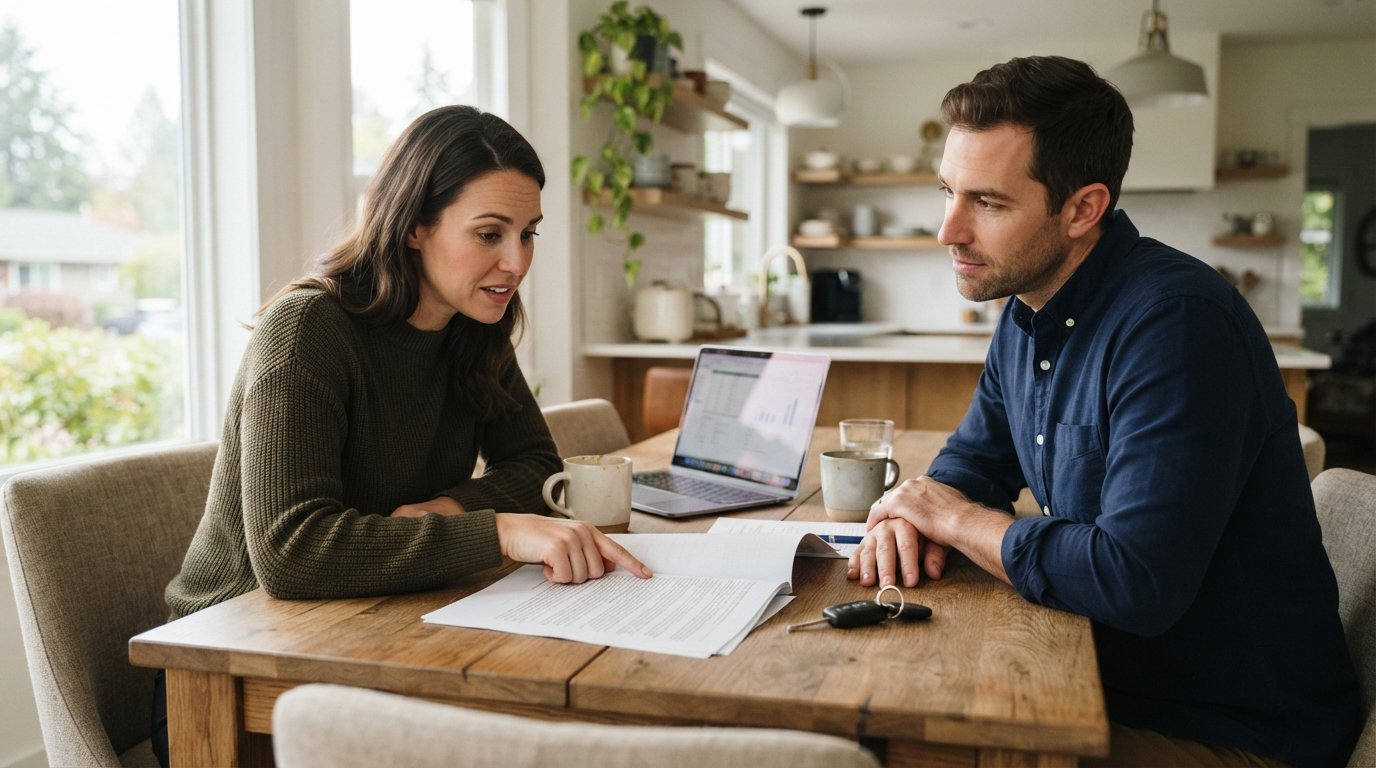 Two adults at a kitchen table reviewing a car loan contract, with car keys, a laptop, and coffee mugs between them