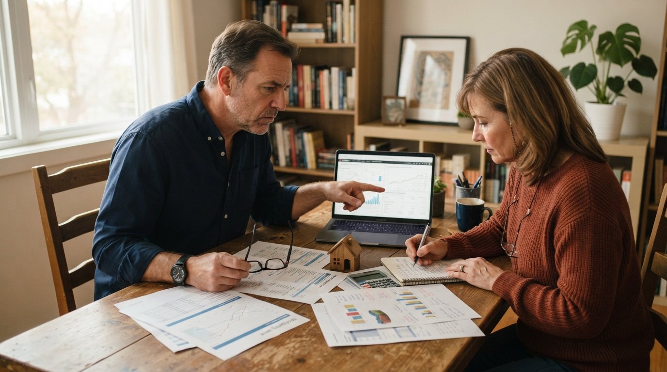 Couple at a dining table comparing printed lender rate sheets with mortgage numbers on a laptop, calculator and model house…