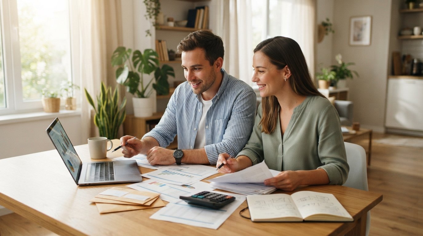 Couple in their late twenties reviewing financial documents and a laptop with charts at a sunlit kitchen table