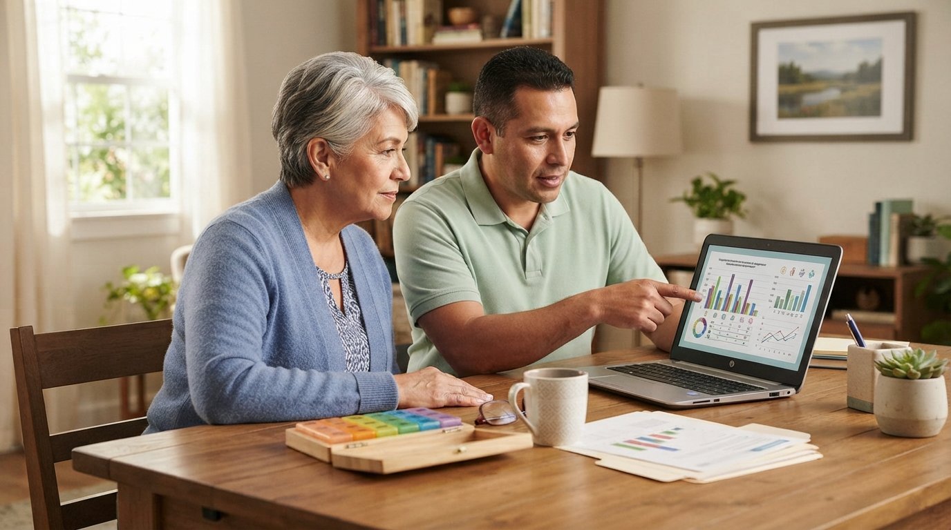 Mujer hispana mayor con suéter azul revisa un cuadro comparativo de planes Medicare en una laptop junto a un cuidador que…