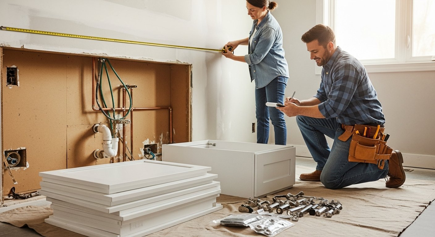 Homeowner holds tape measure against bare drywall while contractor kneels and notes measurements in bright kitchen