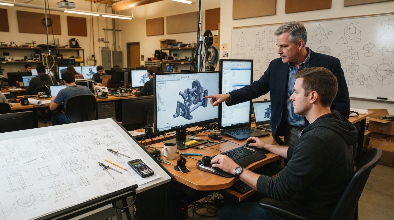 Student reviewing a 3D mechanical model on a desktop monitor beside dual screens, a drafting mouse, and printed blueprints…