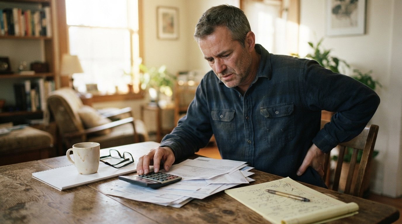 Middle-aged man at a wooden table holding his lower back beside a calculator, medical bills, and handwritten notes in warm…