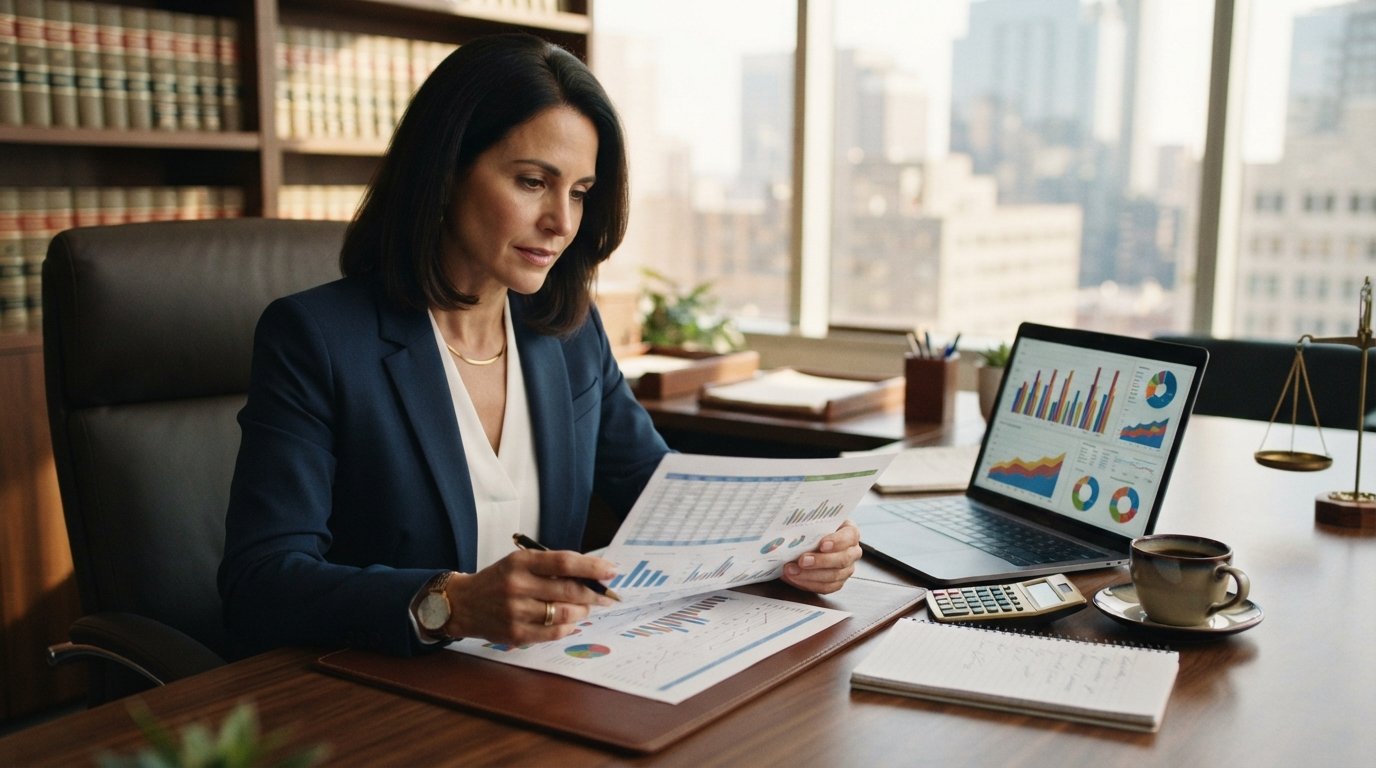 Attorney in navy suit at wooden desk reviewing printed lead cost spreadsheet beside laptop with bar graphs and a calculator