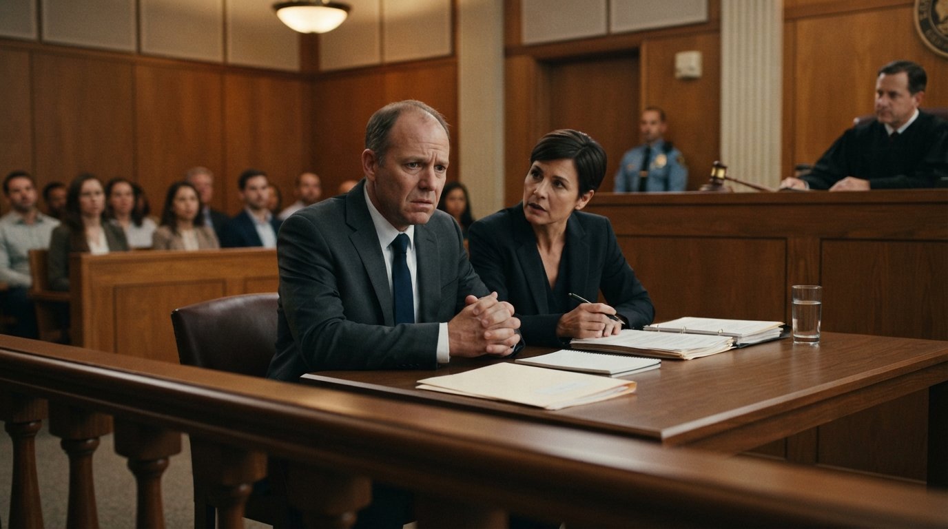 Defendant in a dark suit sits with his attorney at a wooden defense table in a California courtroom, hands clasped, as a…