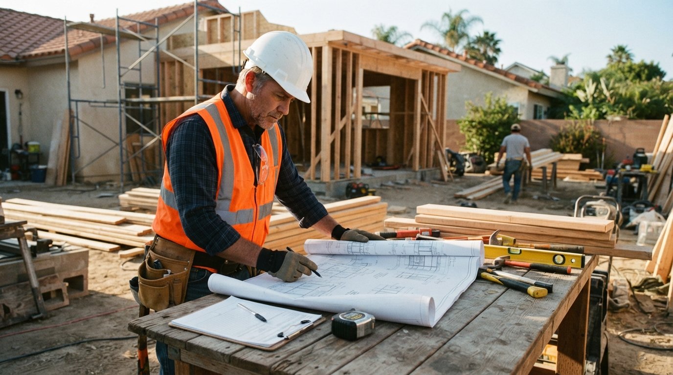 Contractor in hard hat and safety vest reviewing rolled architectural blueprints at a wooden table with a clipboard,…