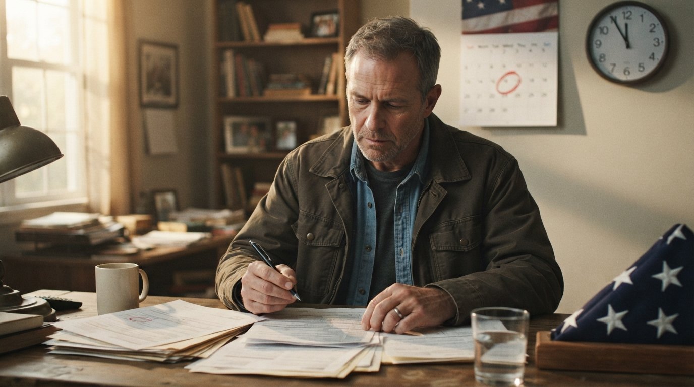 Middle-aged veteran in denim shirt at home desk holding pen over claim forms, wall calendar with red circle on August 10,…