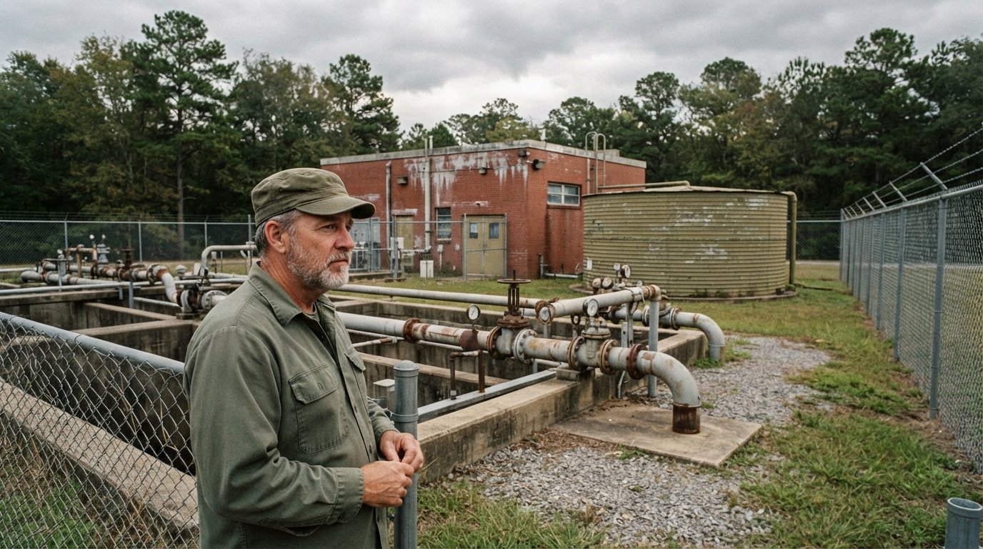 Older man in an olive work shirt and cap stands beside chain-link fencing and aging steel pipes at a military water…