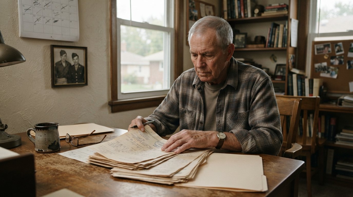 Older veteran with gray hair sits at a wooden desk reviewing a stack of documents, with a wall calendar behind him and a…
