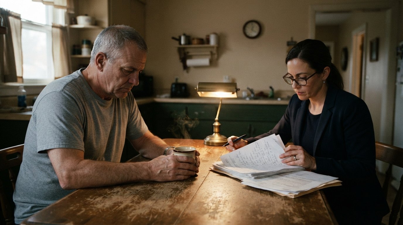 Veteran holding a coffee mug at a kitchen table while a female attorney reviews legal documents beside him