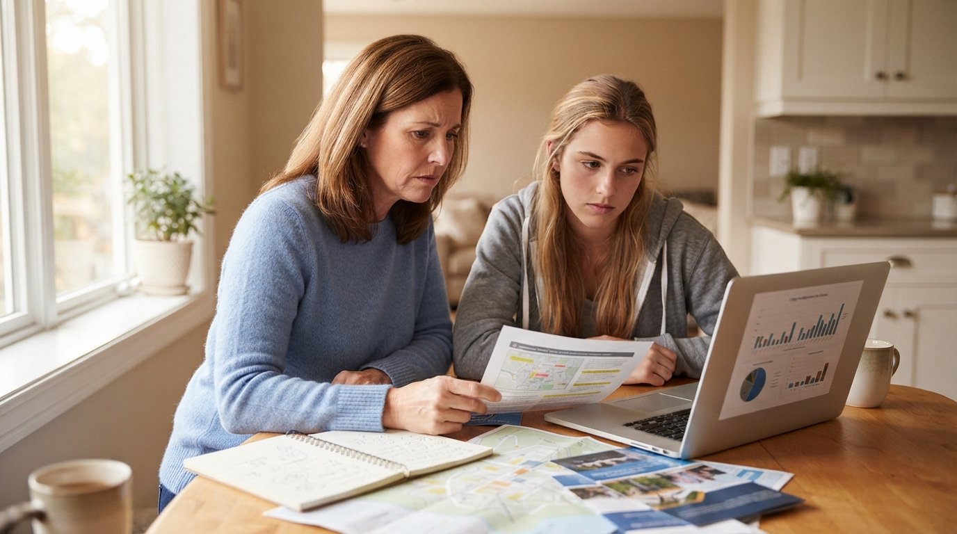 Parent and college-aged student reviewing a printed safety report and laptop statistics at a sunlit kitchen table with a…