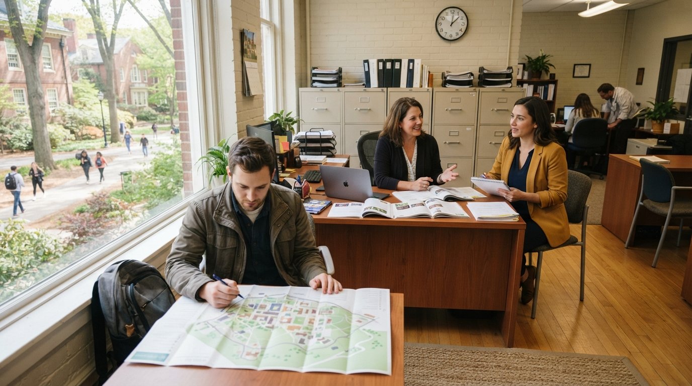 Adult learner in a blazer speaks with an advisor at a desk with course catalogs and a laptop while another visitor reviews…