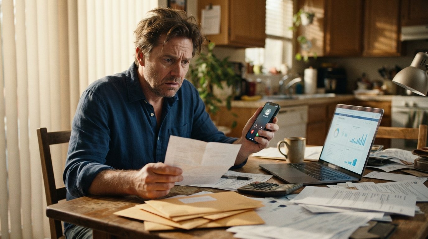 Worried man in a wrinkled shirt holds a dispute letter at a kitchen table, looking at a smartphone showing an unknown…