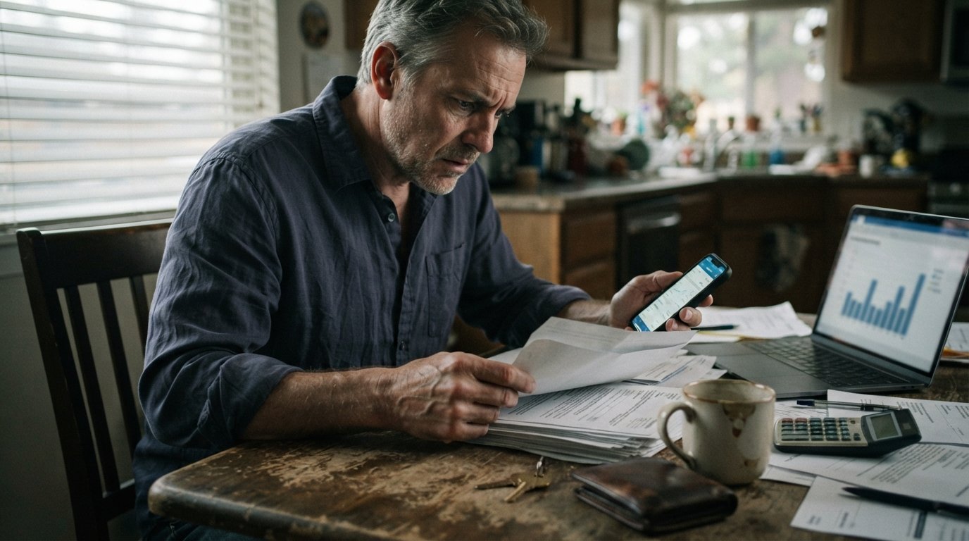 Tense middle-aged man in a wrinkled shirt looking at an open envelope and legal documents at a kitchen table with a…