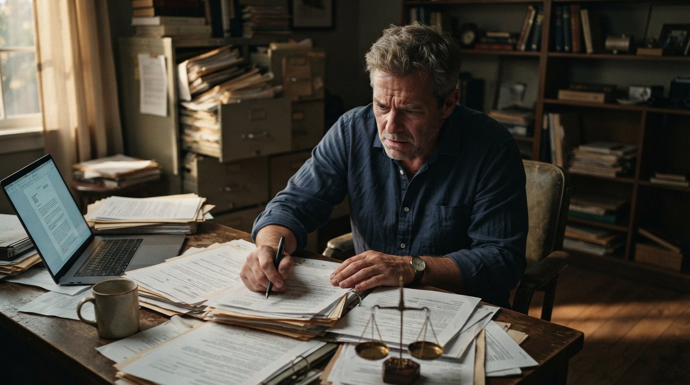 Man in wrinkled shirt gripping a pen over court papers at a cluttered desk with a laptop, coffee mug, and scales of justice…