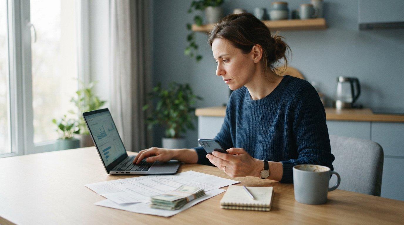 Adult with weary expression reviews loan documents on laptop at a kitchen table, holding a smartphone