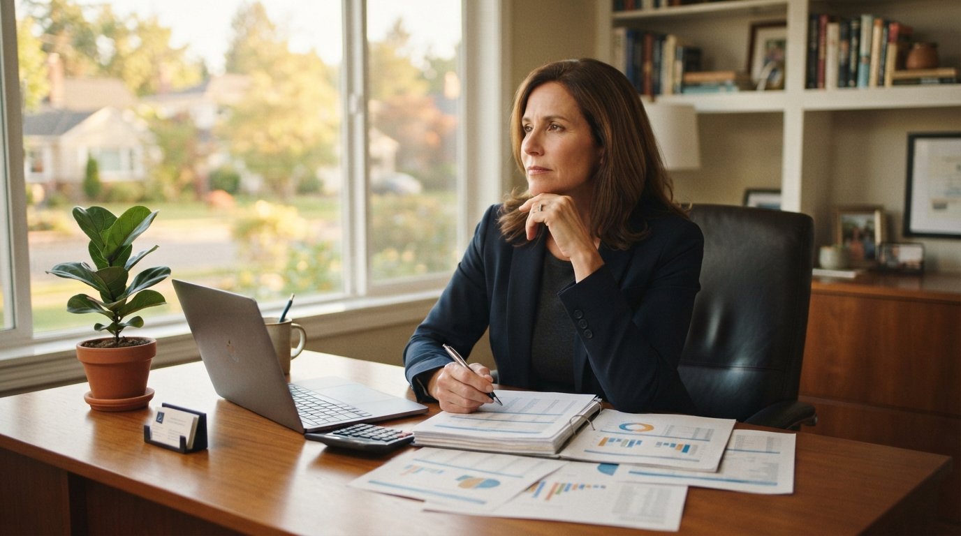 Middle-aged woman in a blazer reviews financial documents and a calculator at a wooden desk in a sunlit home office