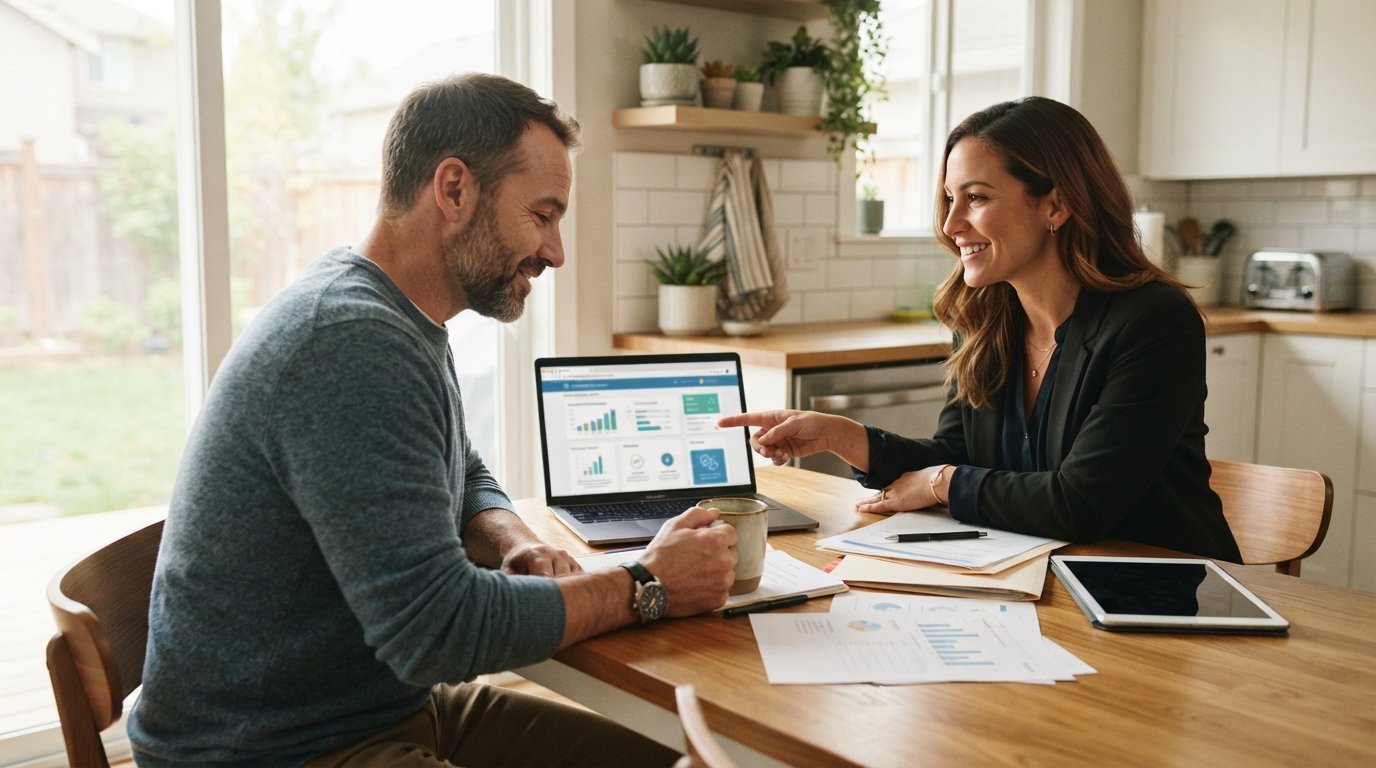 Man at kitchen table reviews health insurance options on a laptop while a woman beside him points at the screen and smiles