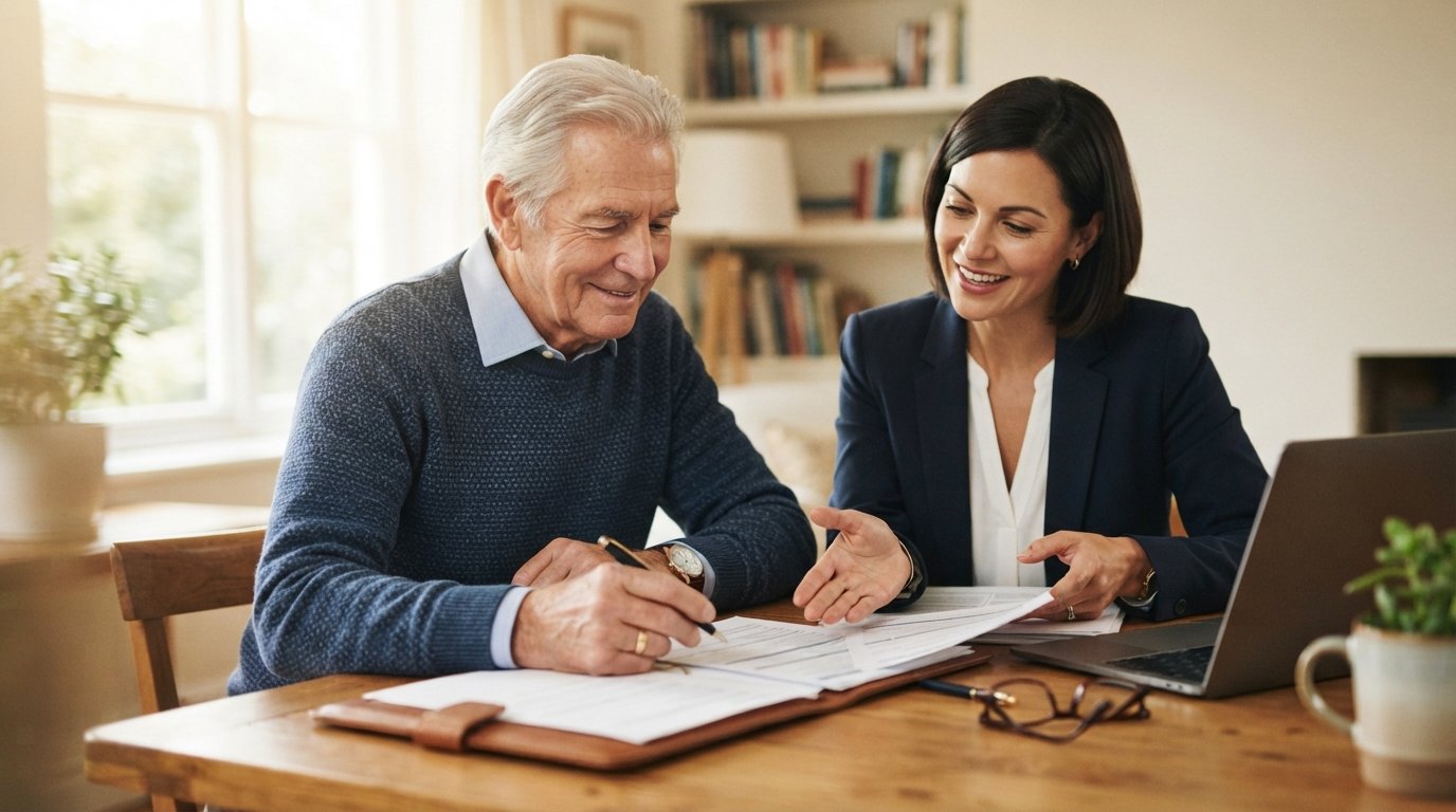 Silver-haired man at a wooden desk reviews paperwork with a female insurance agent in a sunlit home office