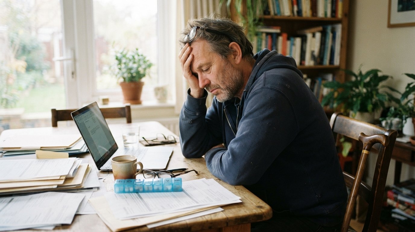 Middle-aged man at a kitchen table holds his head in exhaustion, a cane beside his chair, medical paperwork and a pill…