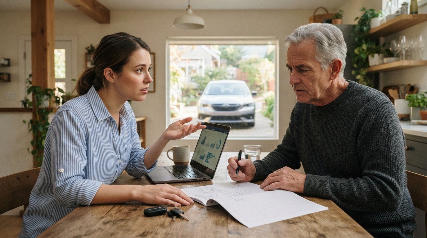 Woman at a kitchen table with a laptop, car title, and keys talks with an older man holding a pen over paperwork, a silver…