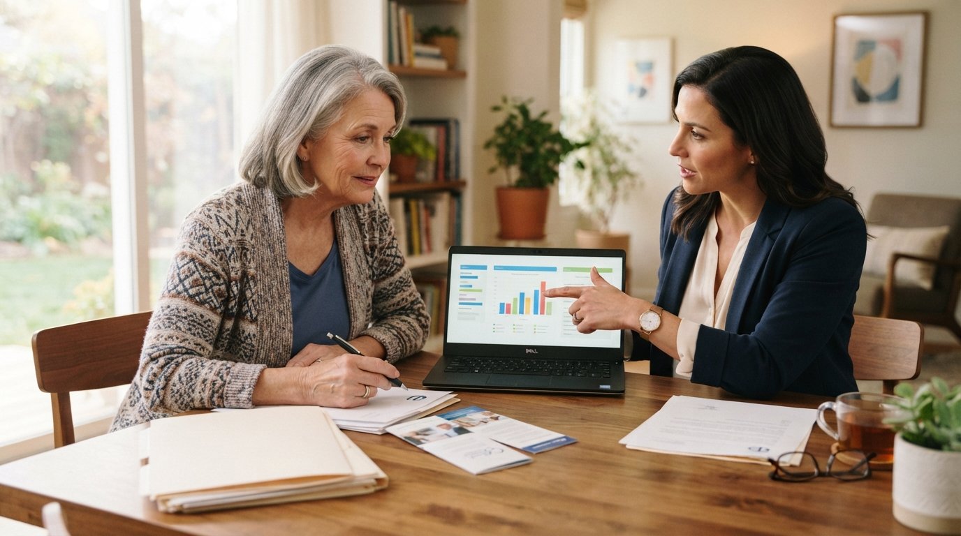Older woman with a pen and Medicare paperwork beside a laptop at a kitchen table as an insurance agent points to a chart on…