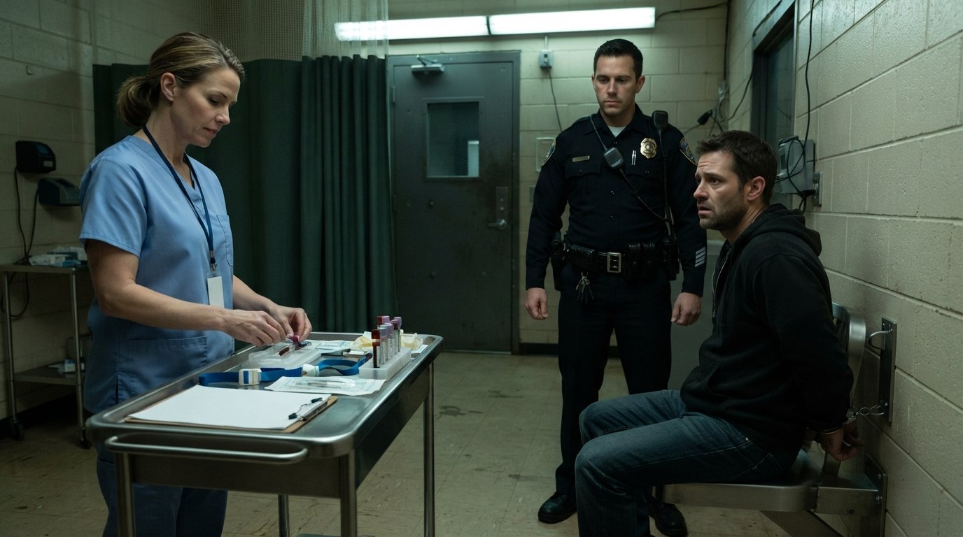 Handcuffed suspect seated by a stainless steel chair as an officer stands nearby and a nurse holds a blood draw kit with…