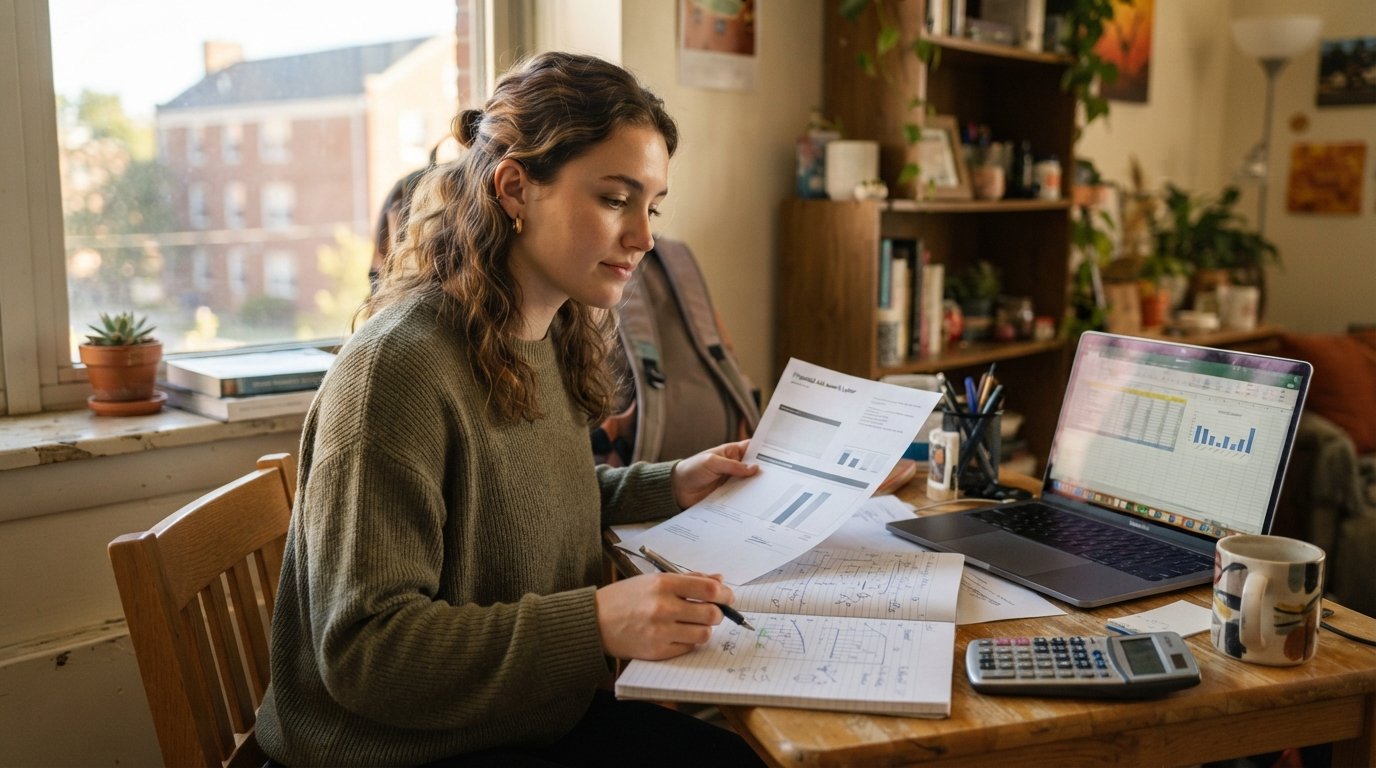 Student at a wooden desk reviewing a printed financial aid award letter beside a budget notebook, calculator, and laptop…