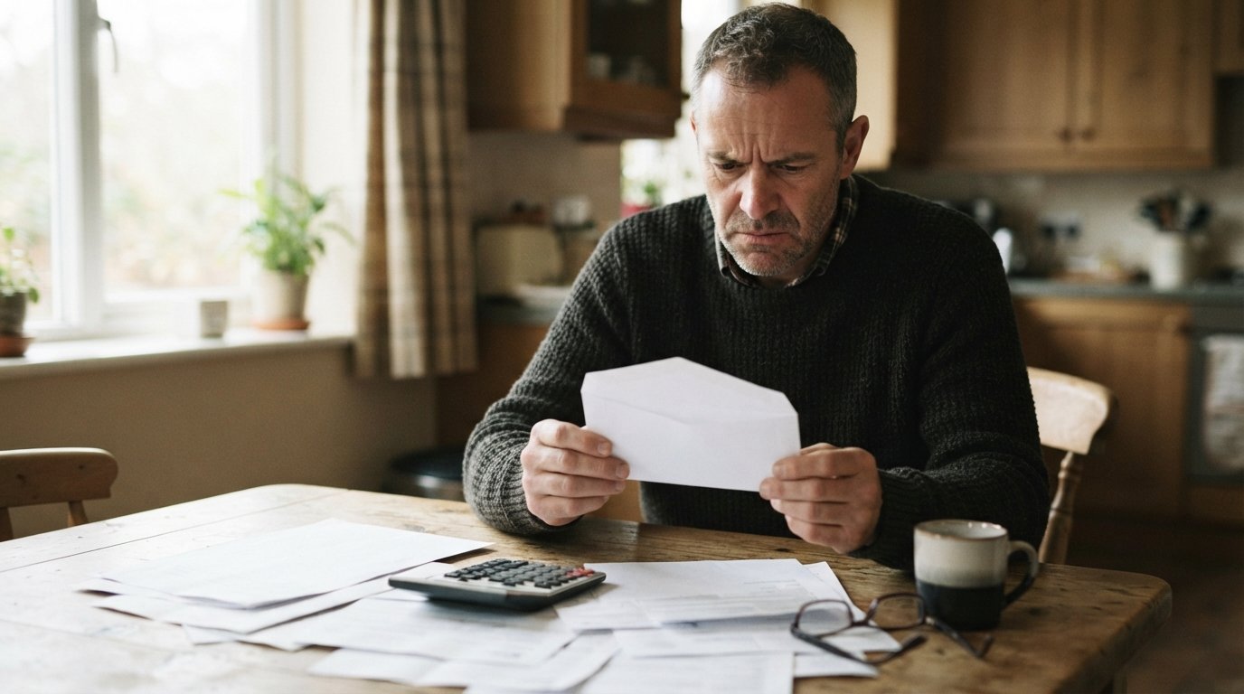 Middle-aged man at a wooden kitchen table staring worriedly at a white envelope, surrounded by scattered paperwork, a…