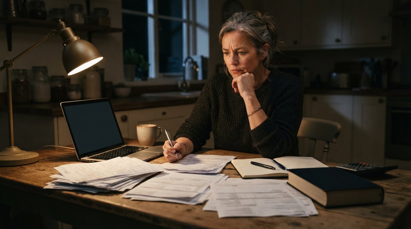 Adult borrower in their 40s sits at a wooden kitchen table at night, surrounded by stacks of paperwork, a calculator,…