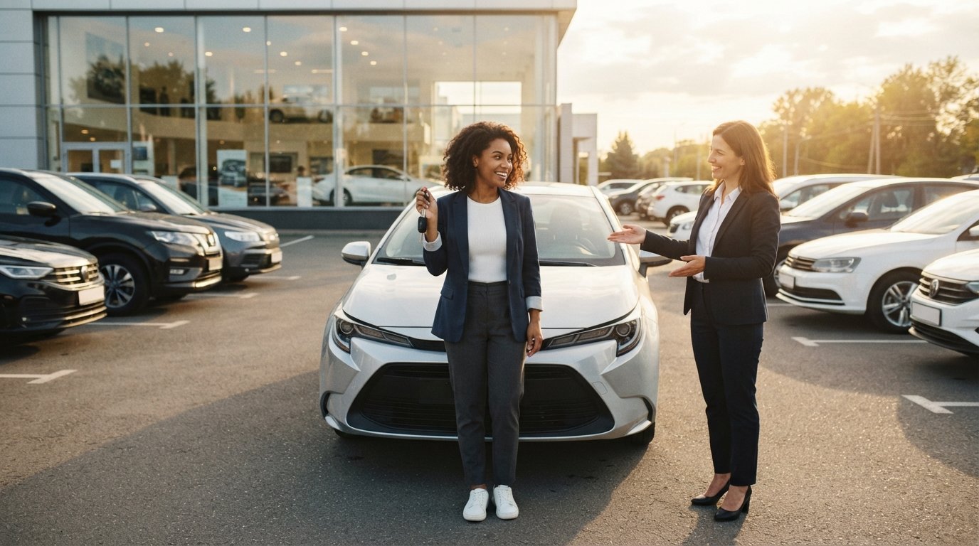 Young adult in casual business attire holds car keys beside a silver sedan as a salesperson gestures toward the vehicle