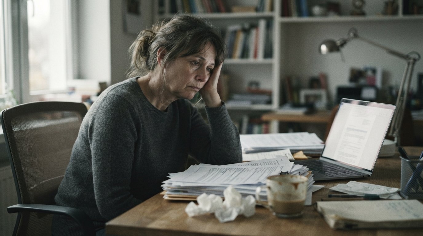 Middle-aged woman at a home office desk resting her head in her hand while looking at disability forms on paper and a laptop