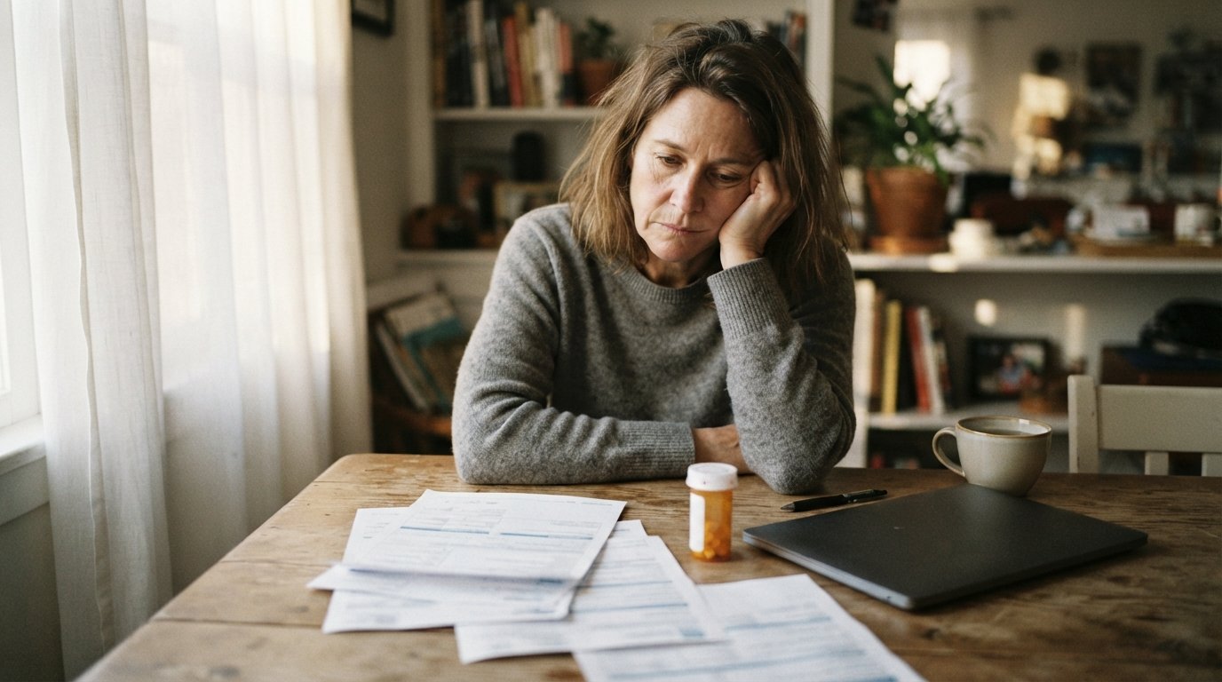 Weary middle-aged adult in a gray sweater resting their head on one hand at a wooden kitchen table, surrounded by medical…