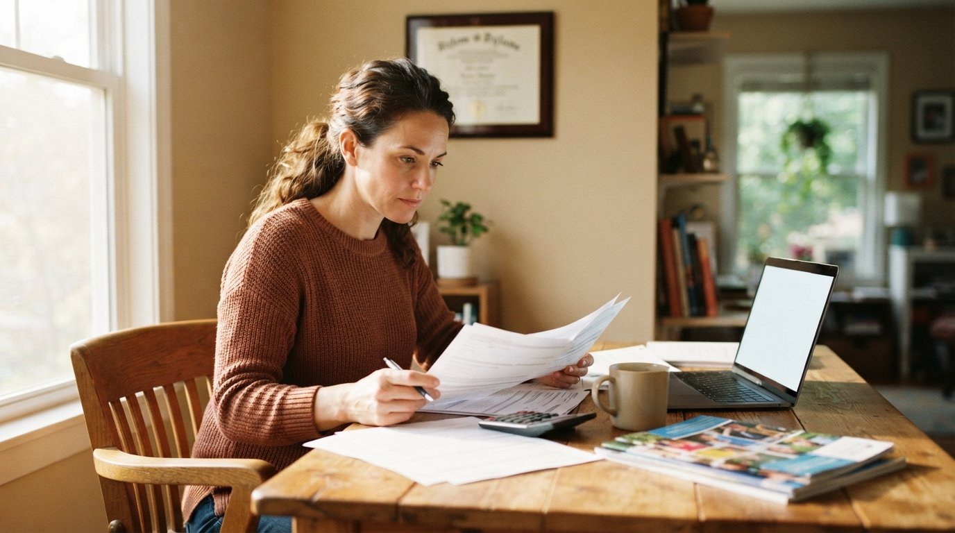 Adult student at a sunlit wooden desk with financial aid forms, calculator, laptop, coffee mug, and college brochures,…