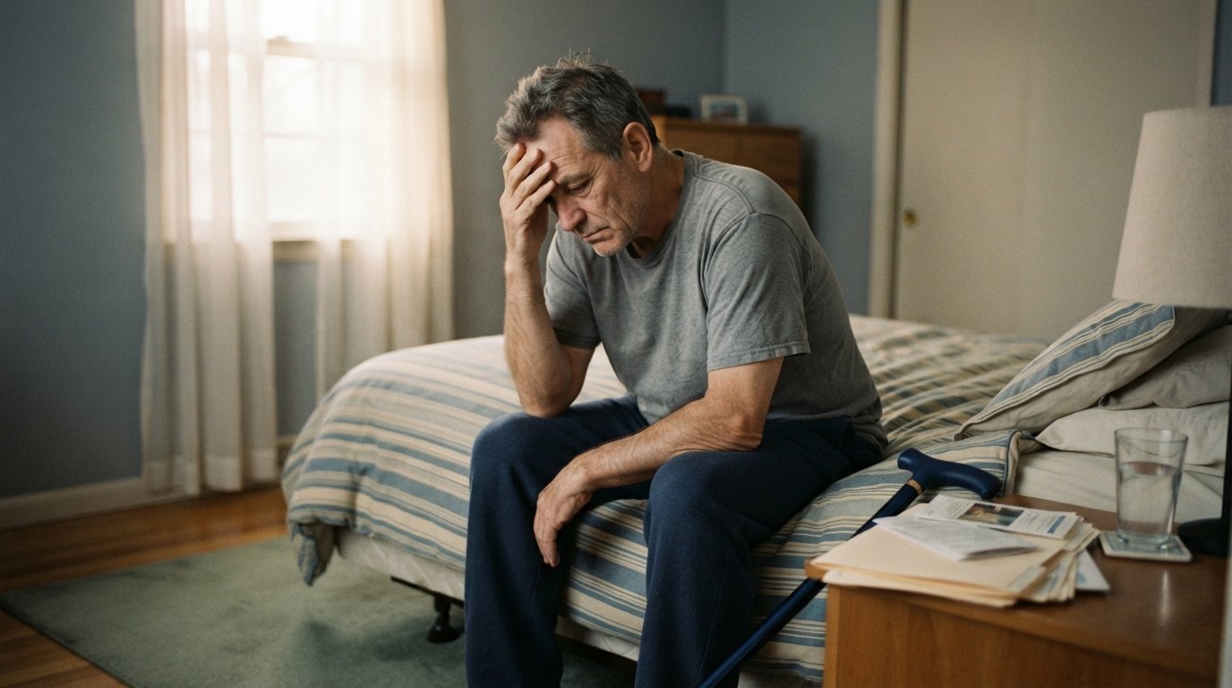 Exhausted middle-aged man in a gray t-shirt sits on a bed holding his forehead, with a cane and medical folders on the…