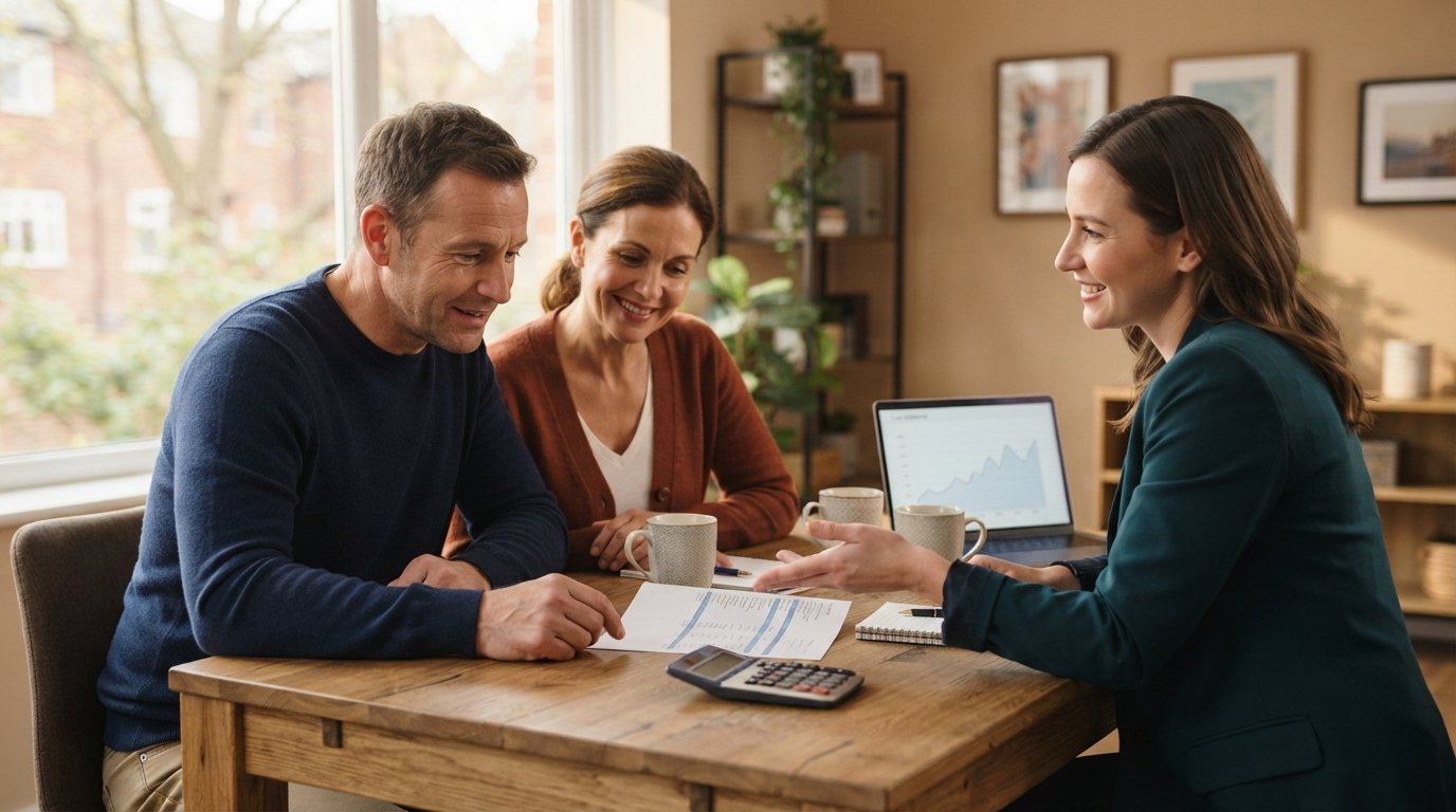 Man and woman sit across a wooden desk from a loan officer who points toward a calculator while reviewing a loan statement…