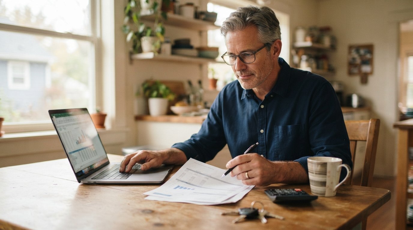 Man at a kitchen table holds a pen over a paper auto loan statement beside a laptop, calculator, coffee mug, and car keys…
