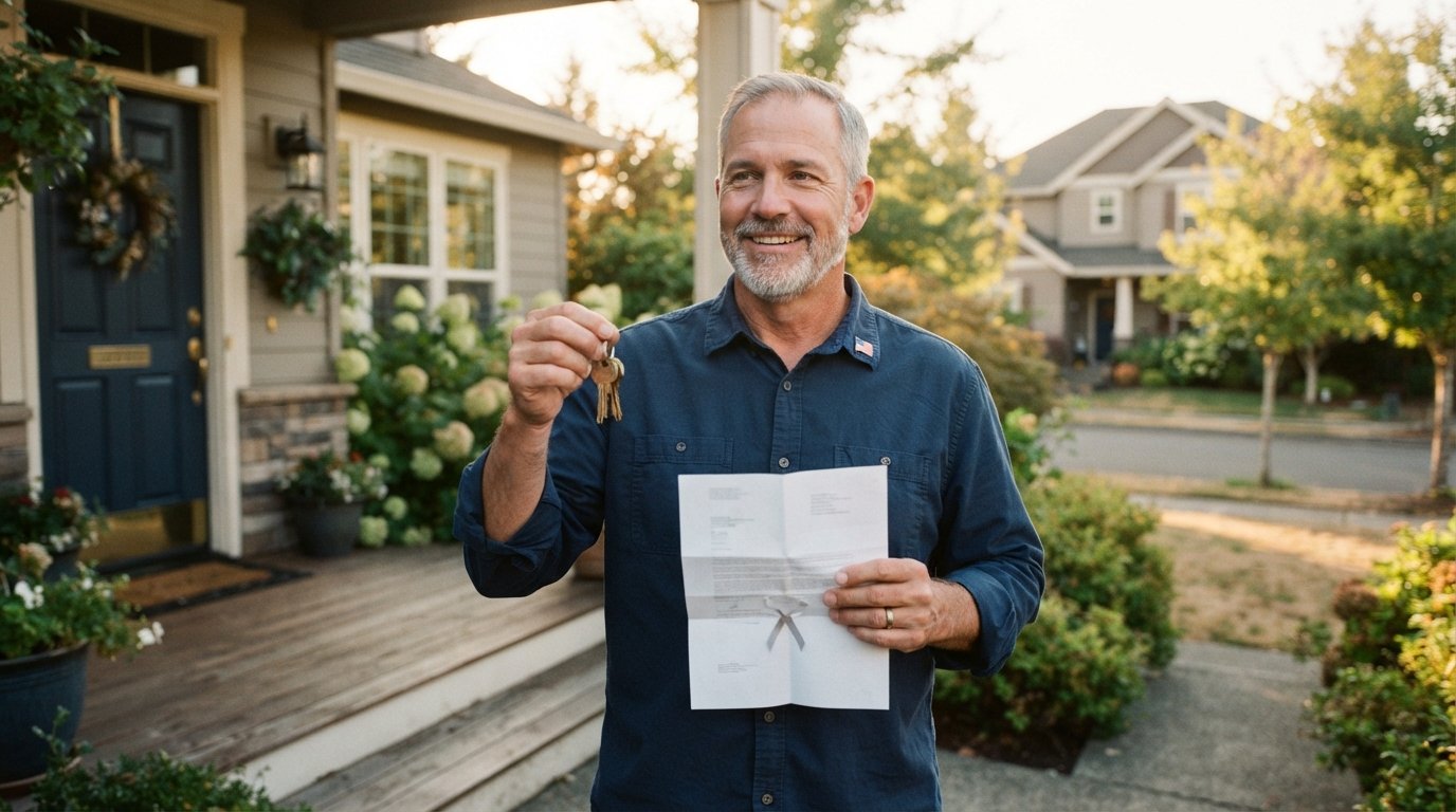 Smiling middle-aged veteran in a button-down shirt holds house keys on a suburban front porch, with another home visible…