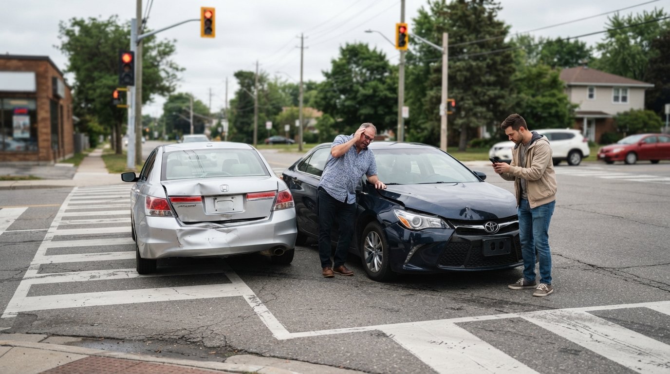 Silver sedan with crumpled rear bumper at a red light and a dark-blue sedan with front-end damage behind it; a disoriented…