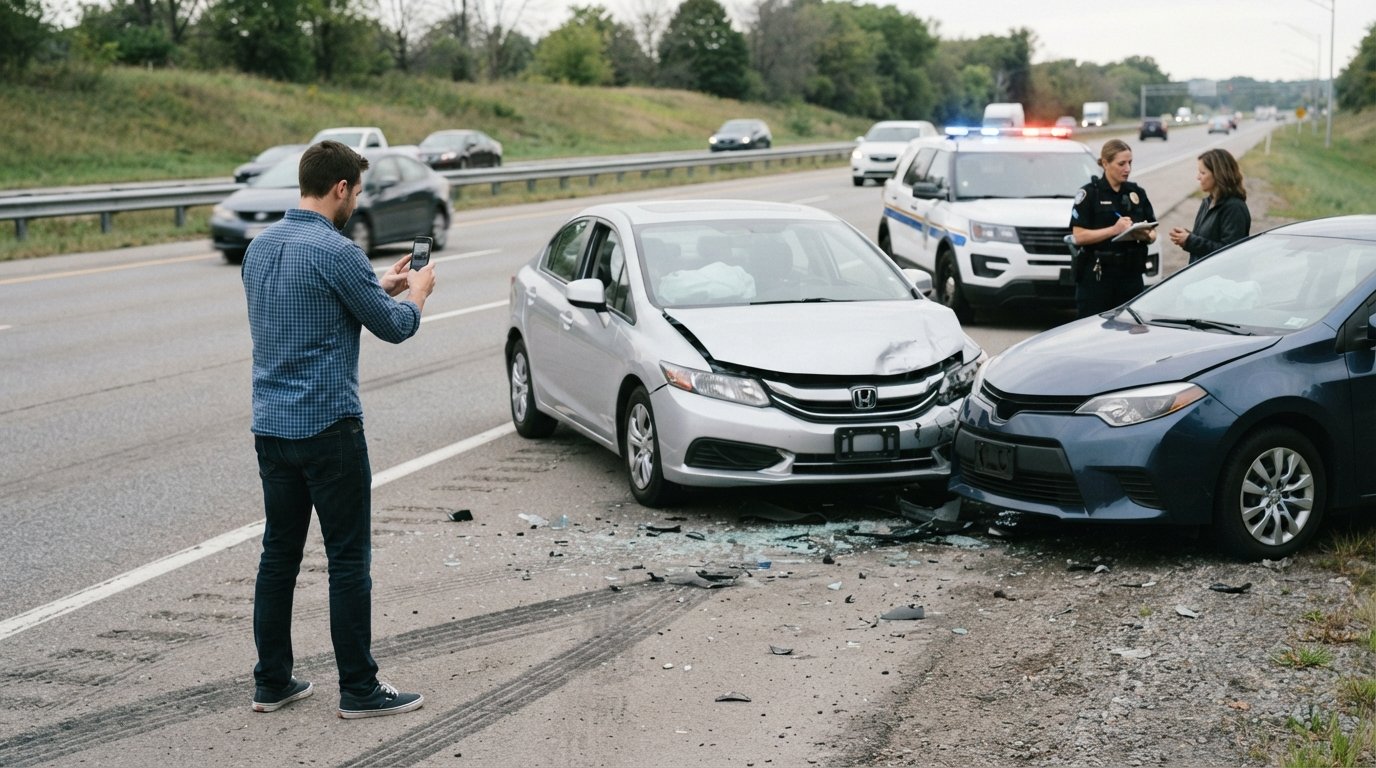 Person photographing a damaged sedan with a crumpled front bumper on a roadway shoulder while a police officer speaks with…