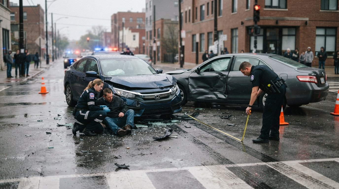 Two damaged sedans at a wet urban intersection, paramedic aiding an injured driver, officer measuring skid marks with…