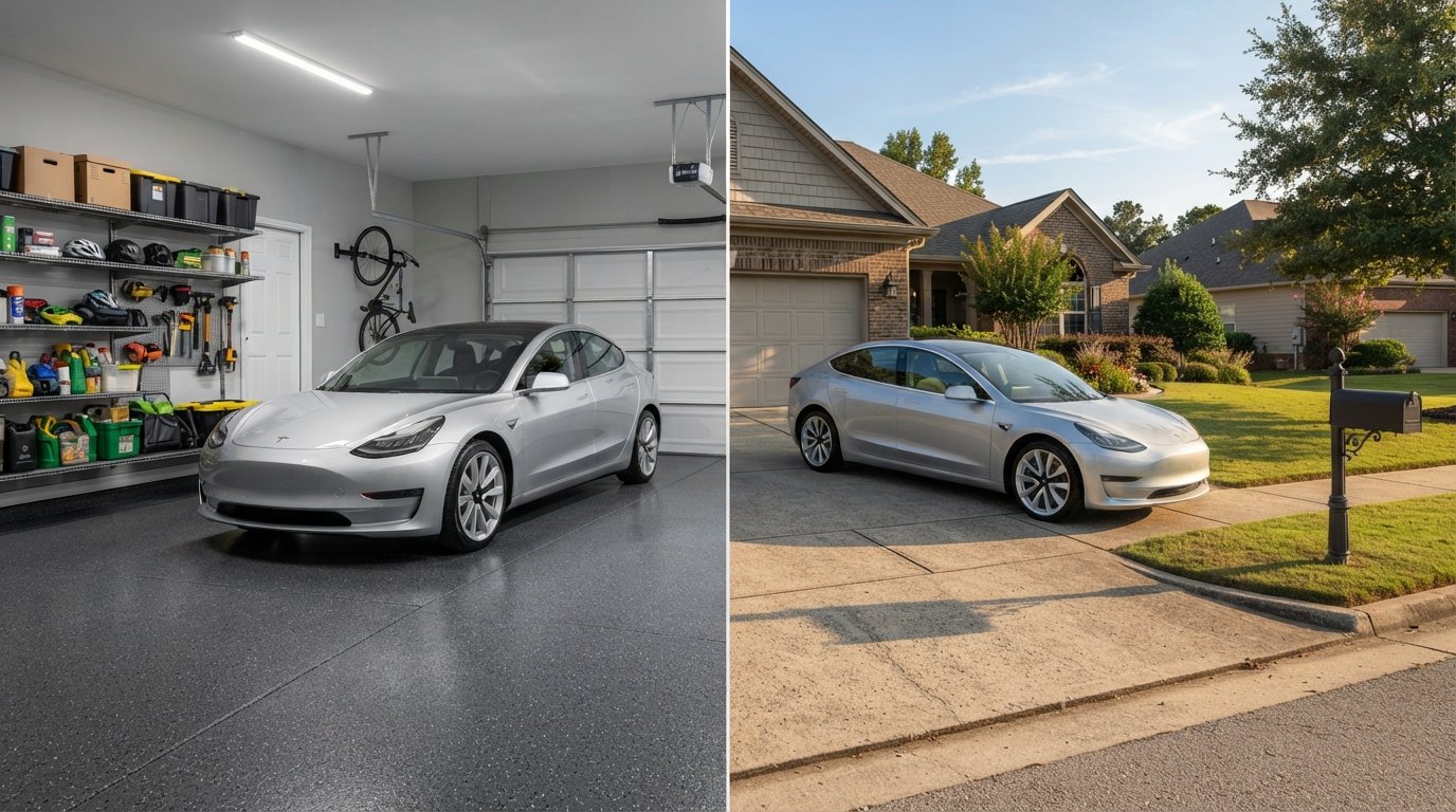 Split view of a silver sedan parked in a clean garage and the same car parked on a suburban driveway