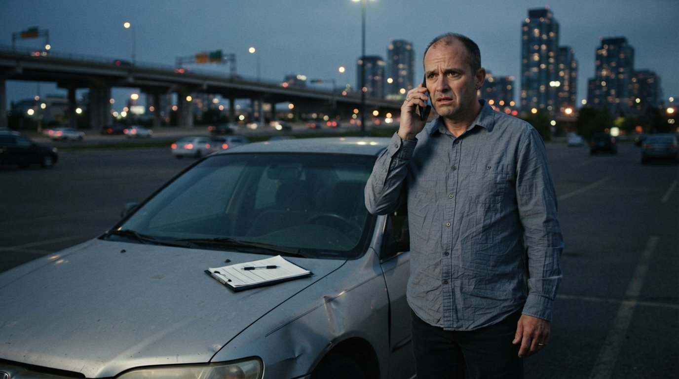 Worried man in wrinkled shirt holds phone to ear beside an older silver sedan, clipboard on hood, parking lot at dusk