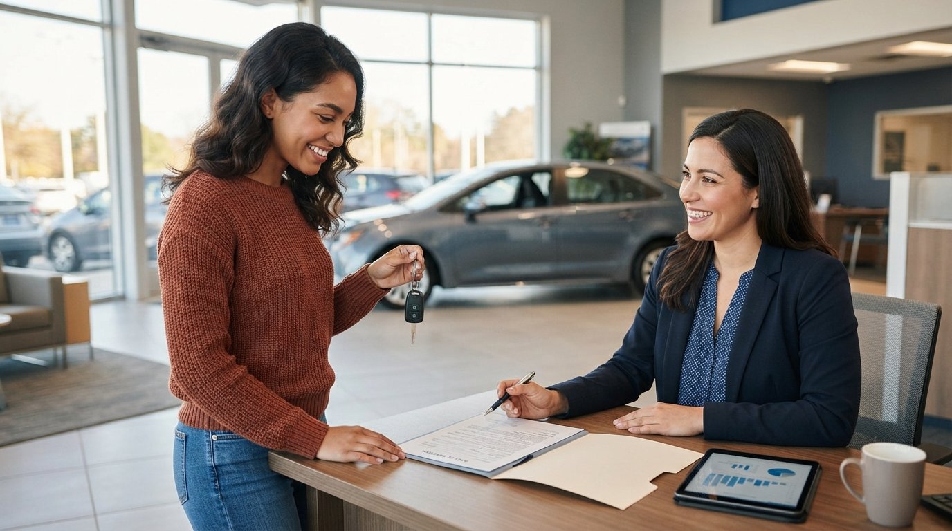 Young adult holding car keys and reviewing paperwork with a salesperson at a dealership desk, sedan visible through windows