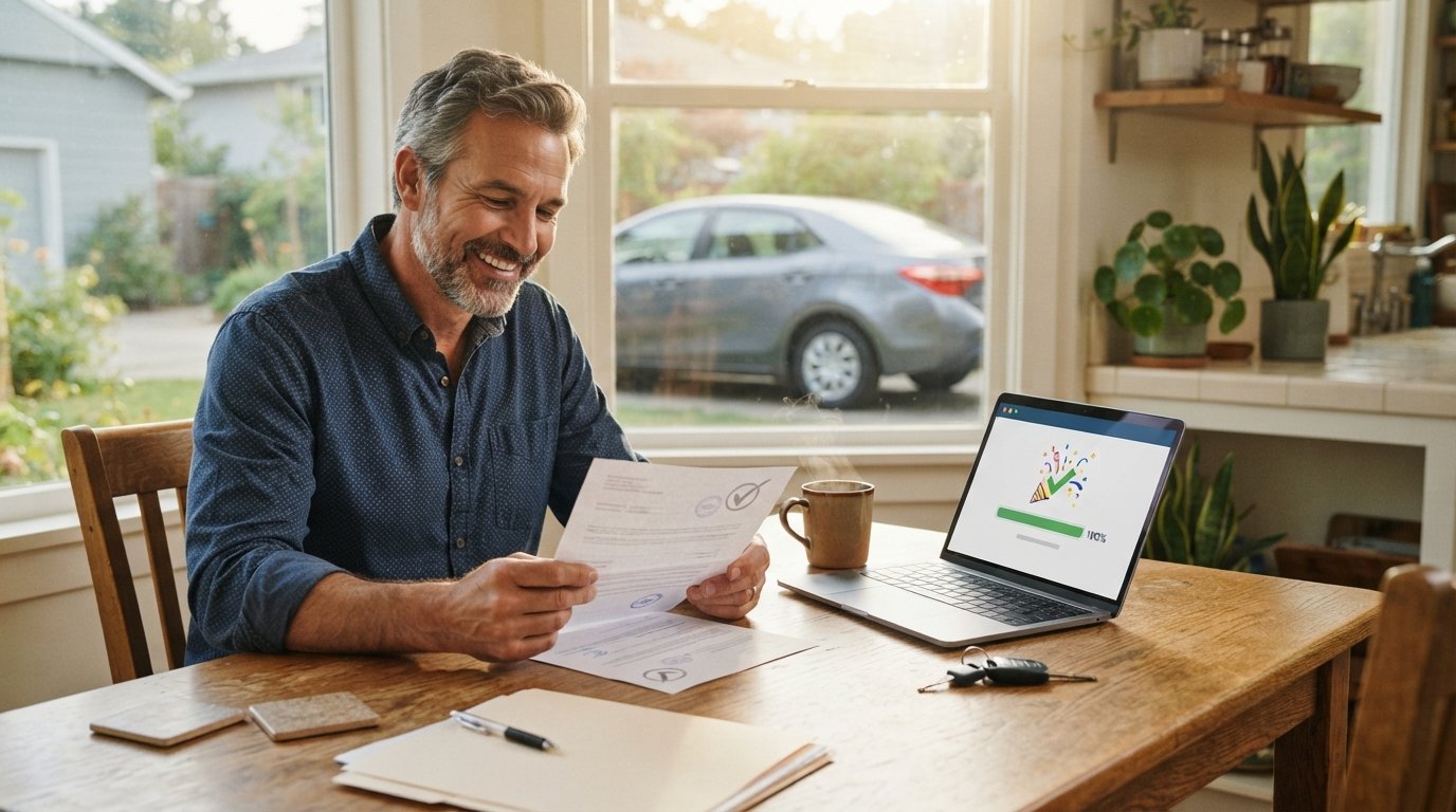 Smiling middle-aged man in a button-down shirt reviewing a car loan approval letter at a kitchen table with a laptop, car…