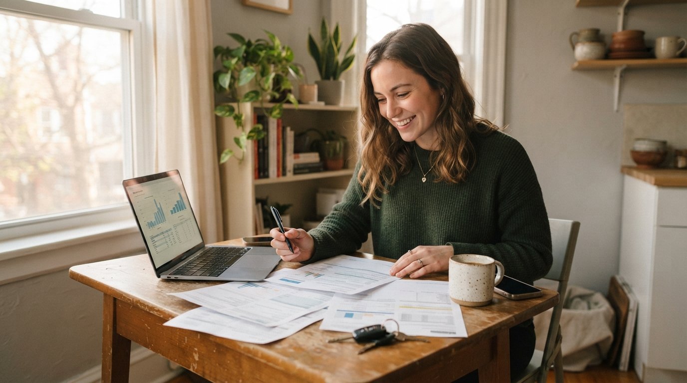 Young adult at a kitchen table with a laptop, loan paperwork, pay stubs, coffee mug, and car keys in warm window light