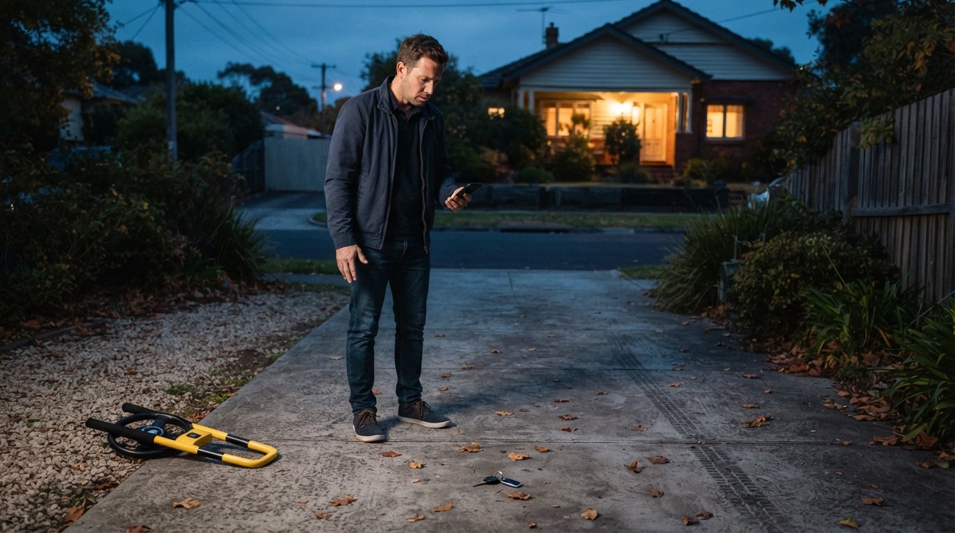 Man in navy jacket staring at empty driveway at dusk, holding a blank smartphone, with dropped keys and a steering wheel…