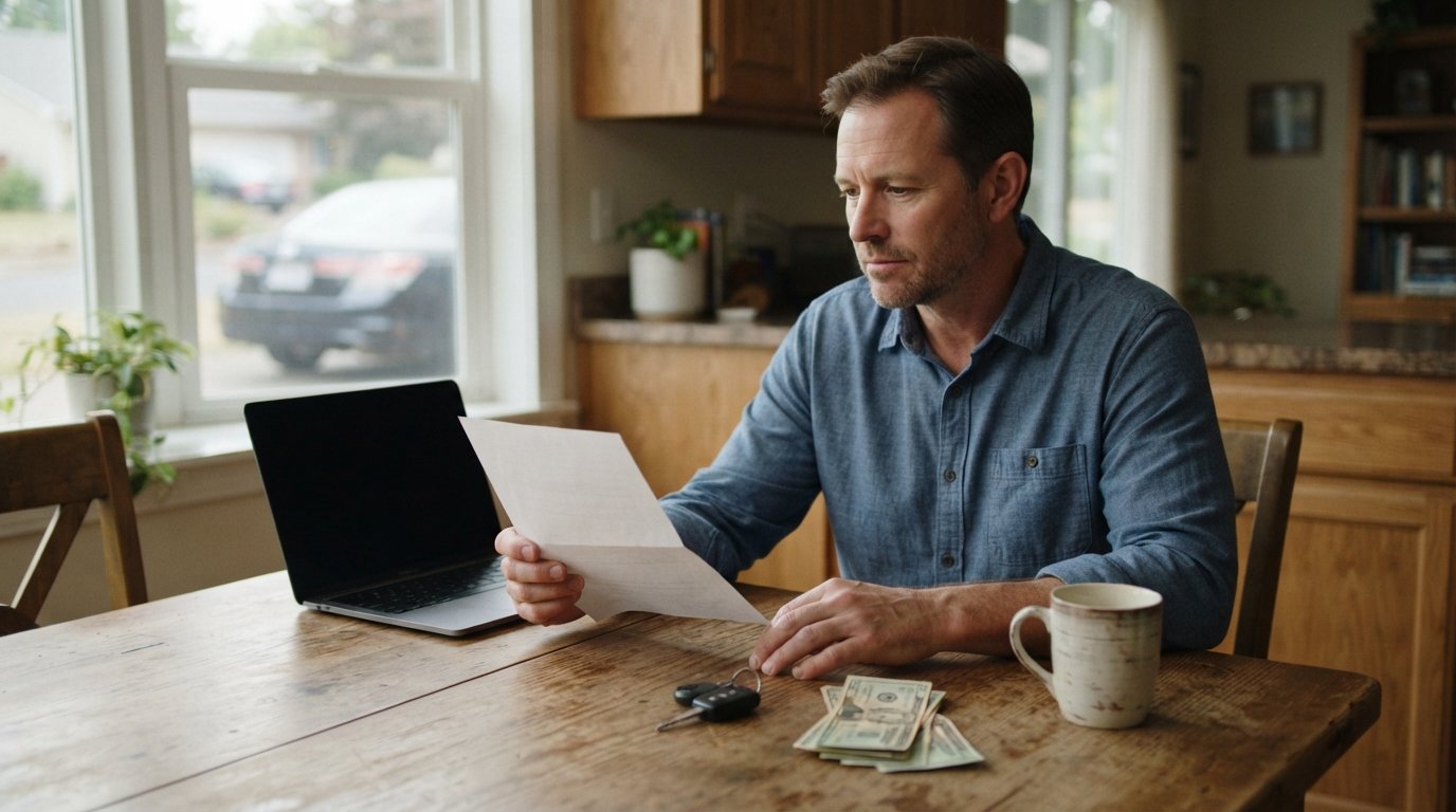 Man in blue shirt at a kitchen table holding a car title beside car keys, cash, a laptop, and a coffee mug, with a sedan…