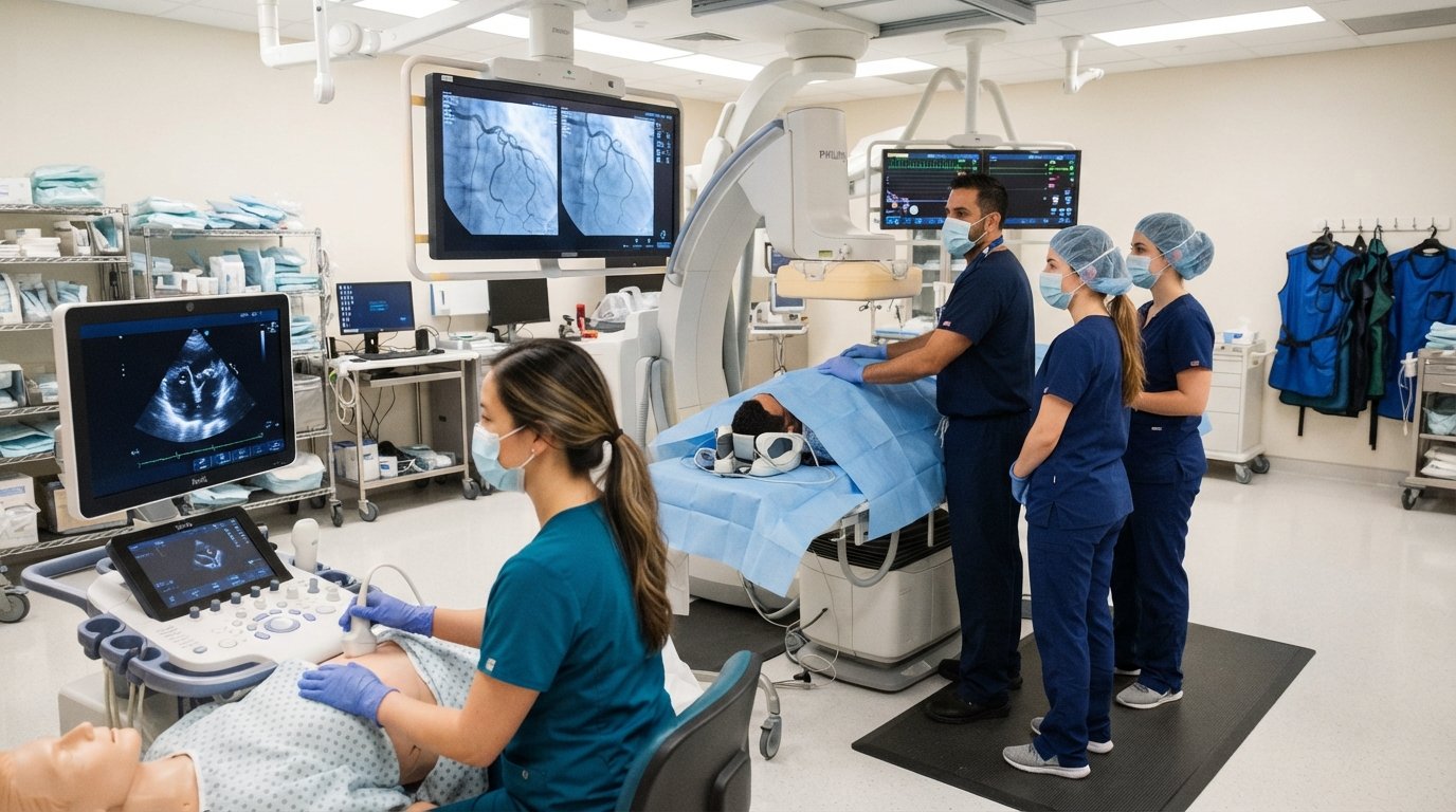Two students in navy scrubs and masks watch a technologist operate a C-arm fluoroscopy machine in a brightly lit cardiac…